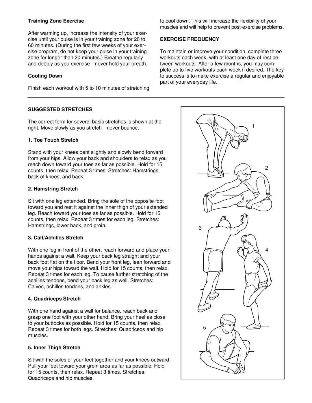 Weslo WLTL11094 user manual Exercise Frequency, Suggested Stretches 