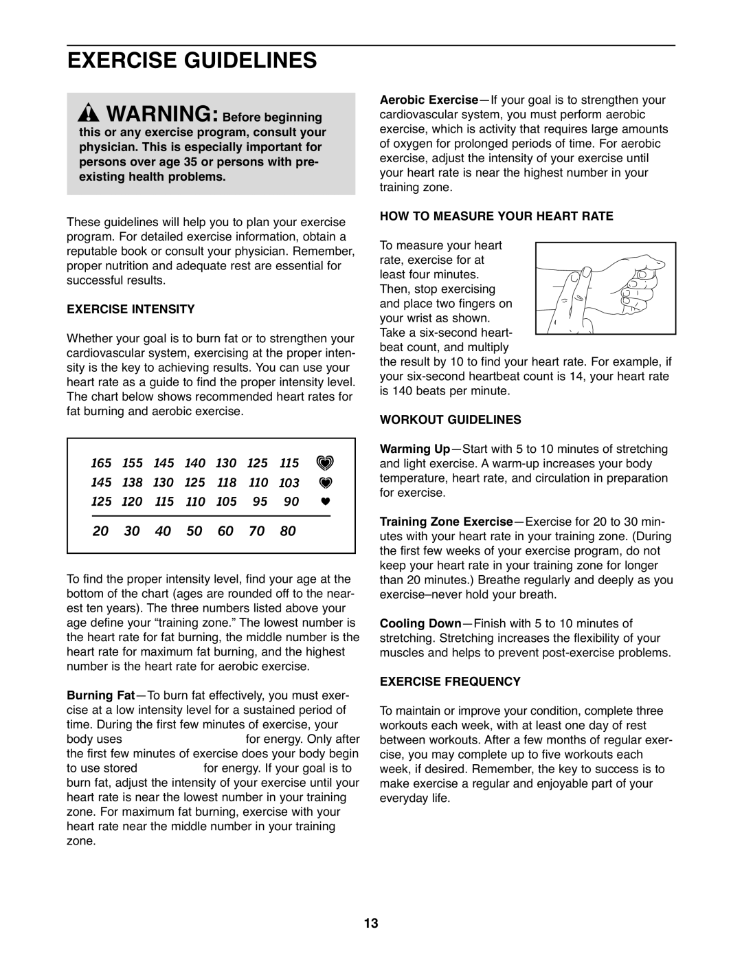 Weslo WLTL11310.0 warranty Exercise Guidelines, Exercise Intensity, HOW to Measure Your Heart Rate, Workout Guidelines 