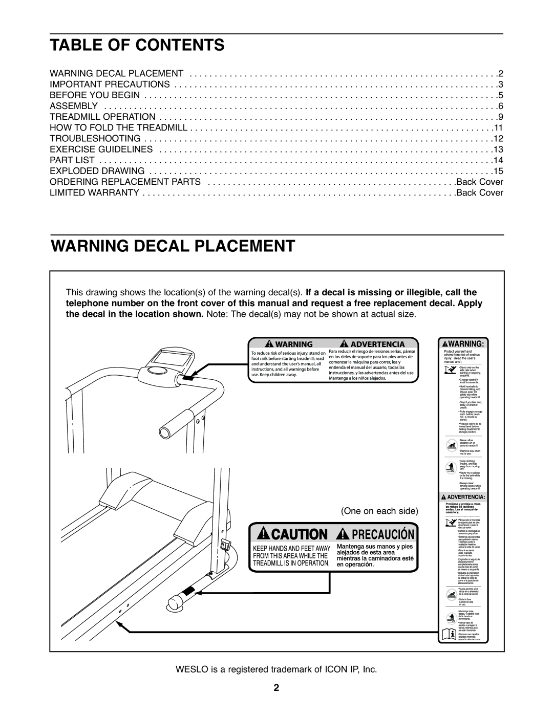 Weslo WLTL11310.0 warranty Table of Contents 