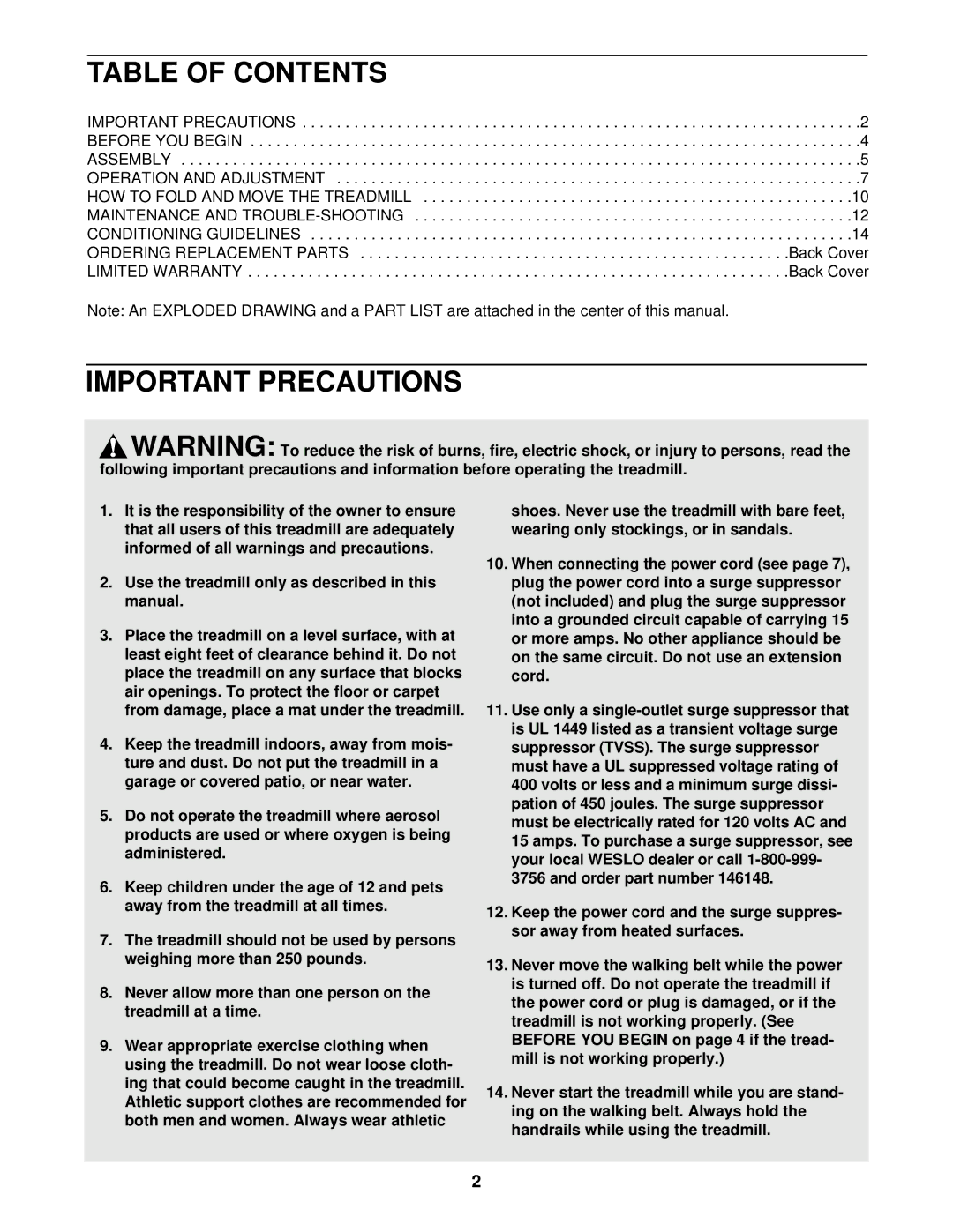 Weslo WLTL19010 user manual Table of Contents, Important Precautions 