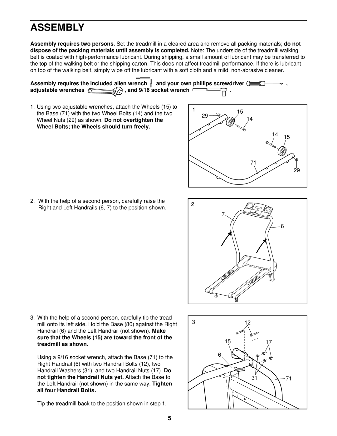 Weslo WLTL19010 user manual Assembly, Wheel Bolts the Wheels should turn freely 