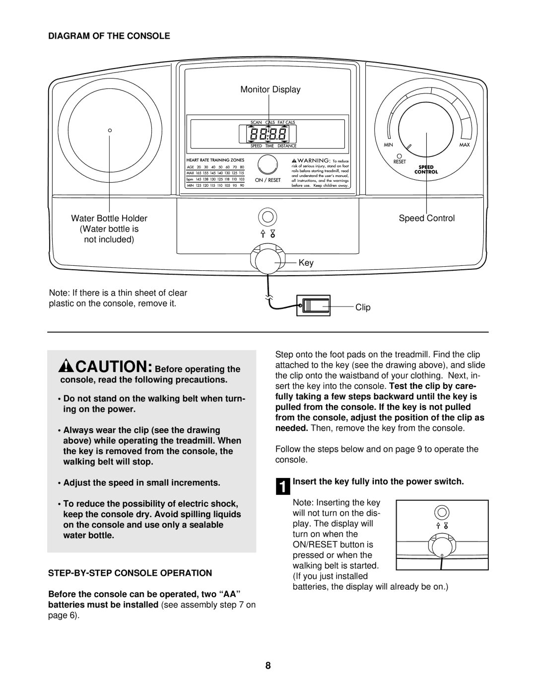 Weslo WLTL19010 Diagram of the Console, STEP-BY-STEP Console Operation, Insert the key fully into the power switch 