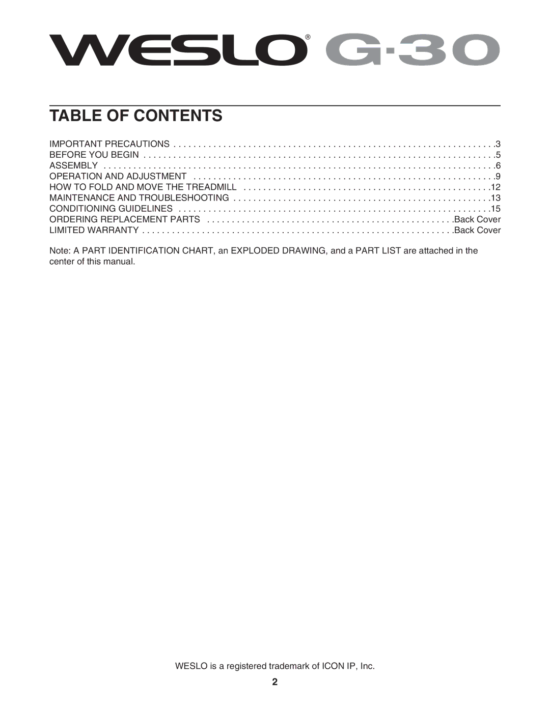 Weslo WLTL19205.2 user manual Table of Contents 