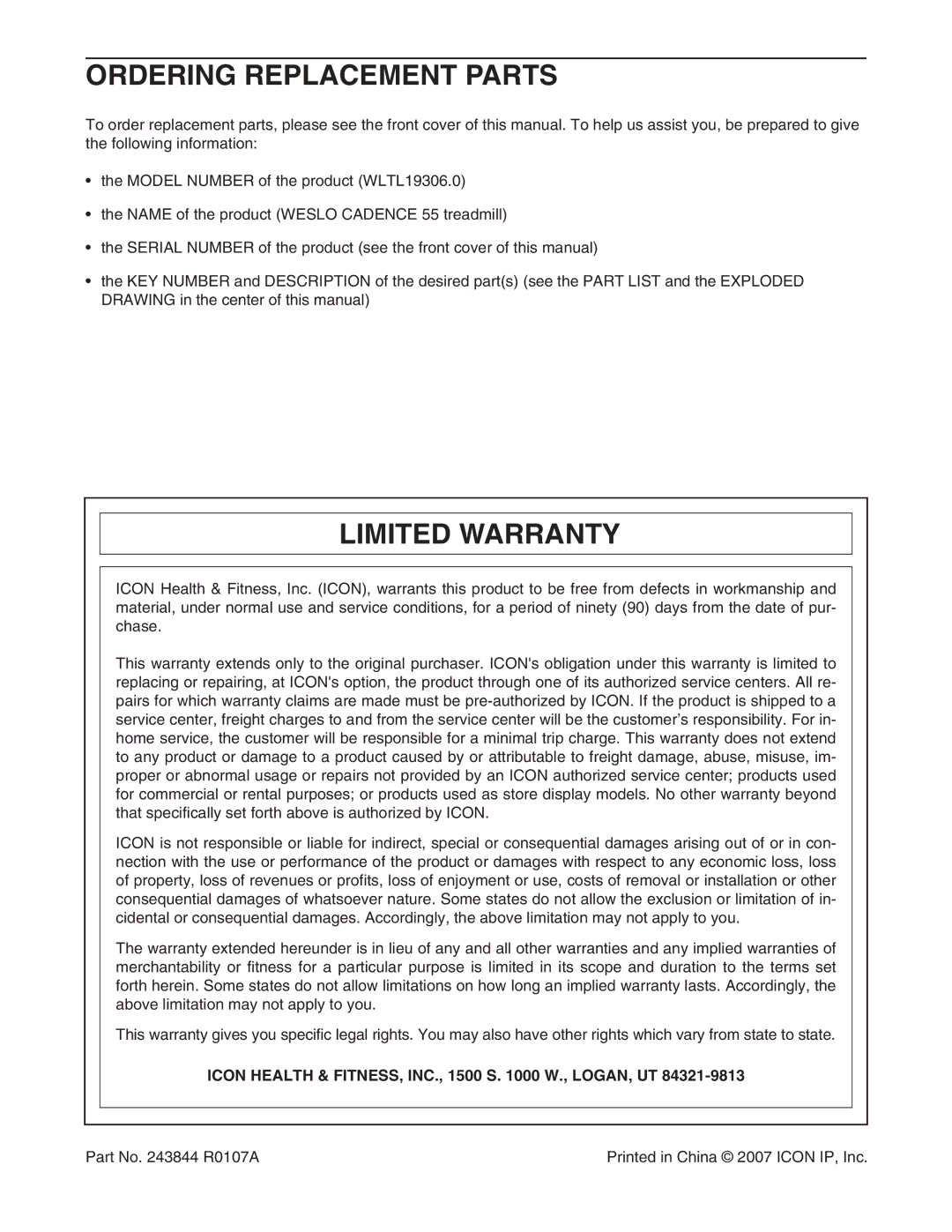 Weslo WLTL19306.0 Ordering Replacement Parts, Limited Warranty, Icon Health & FITNESS, INC., 1500 S W., LOGAN, UT 