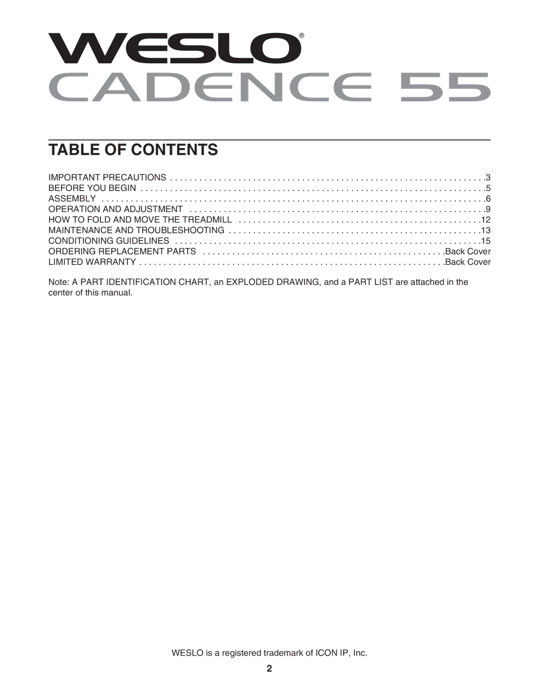 Weslo WLTL19306.0 user manual Table of Contents 