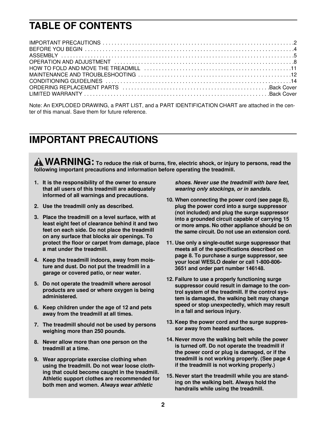 Weslo WLTL19323 user manual Table of Contents, Important Precautions 