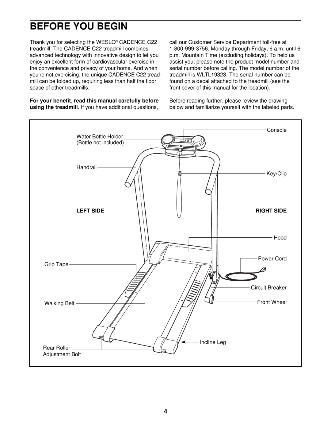 Weslo WLTL19323 user manual Before YOU Begin, For your benefit, read this manual carefully before, Left Side 