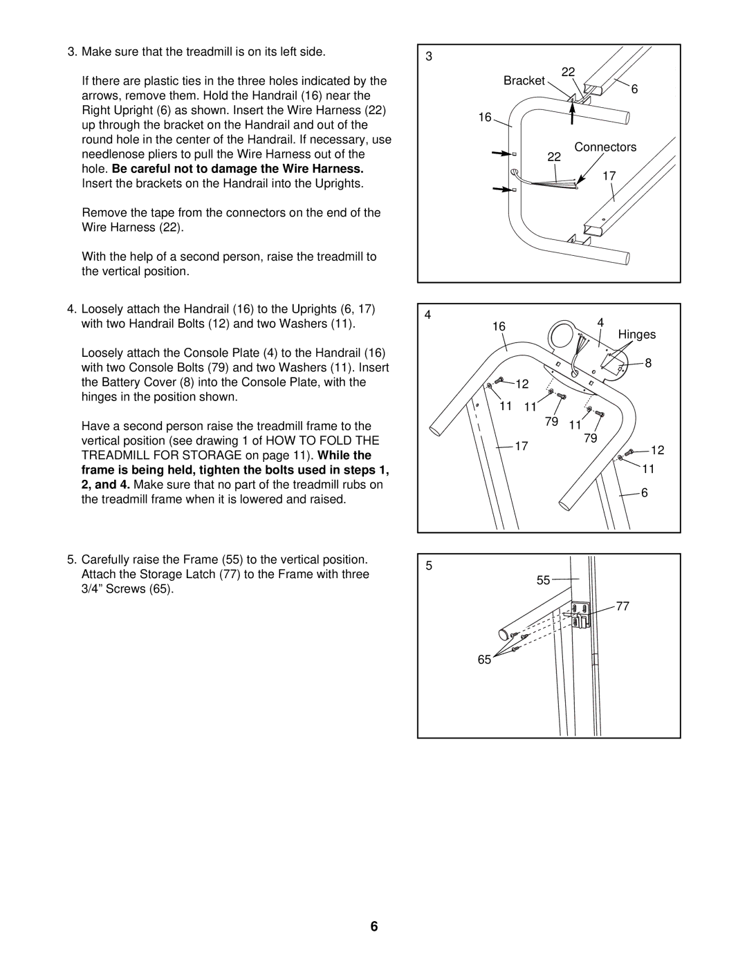 Weslo WLTL19323 user manual Bracket, Wire Harness, Vertical position, With two Handrail Bolts 12 and two Washers 