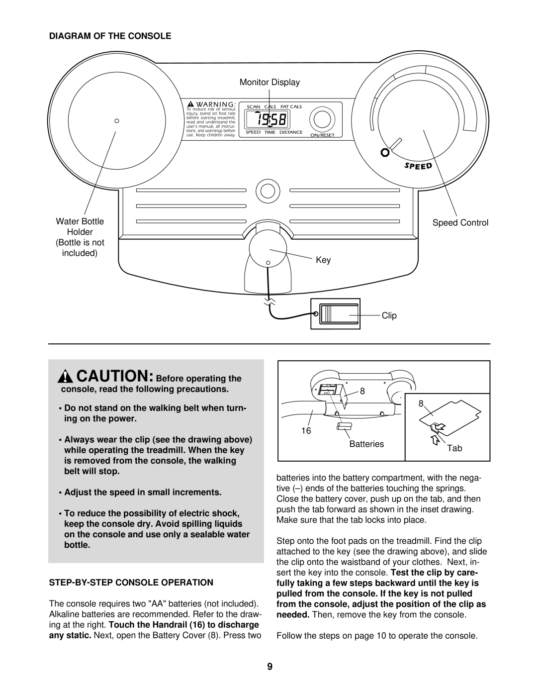 Weslo WLTL19323 Diagram of the Console, Adjust the speed in small increments, Step -BY -STEP Console Operation, Tab 