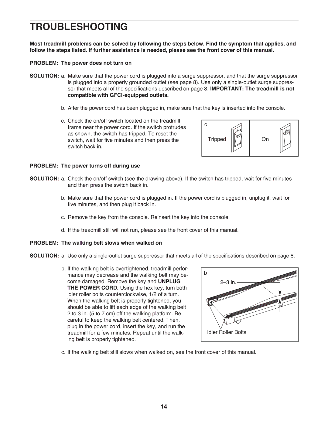 Weslo WLTL19709.0 Troubleshooting, Compatible with GFCI-equipped outlets, Problem The power turns off during use 