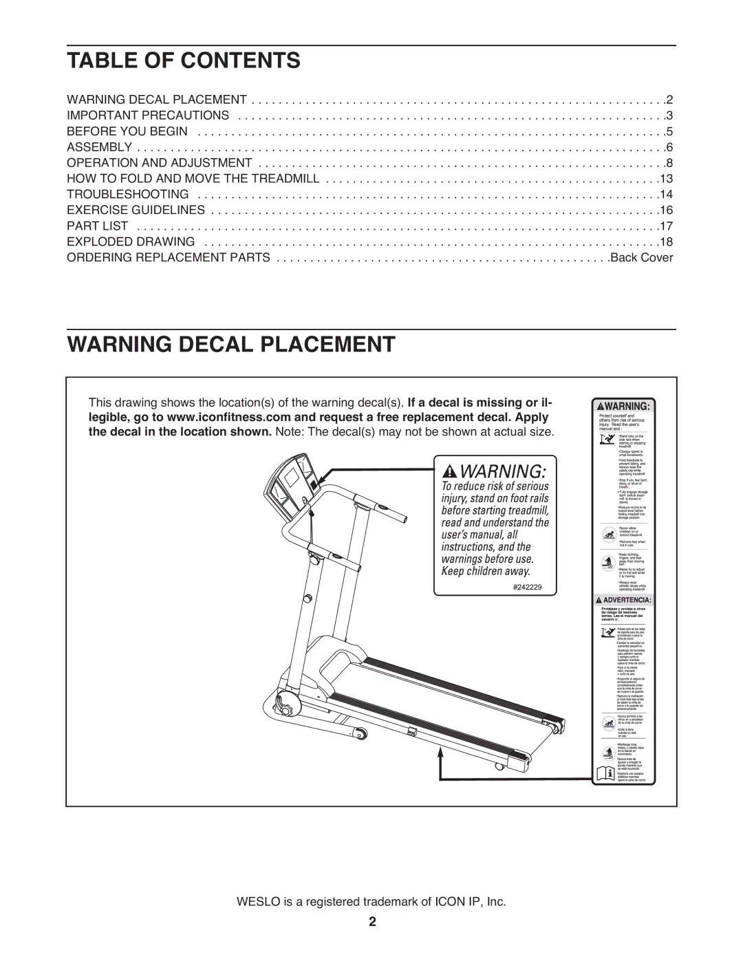 Weslo WLTL19709.0 user manual Table of Contents 