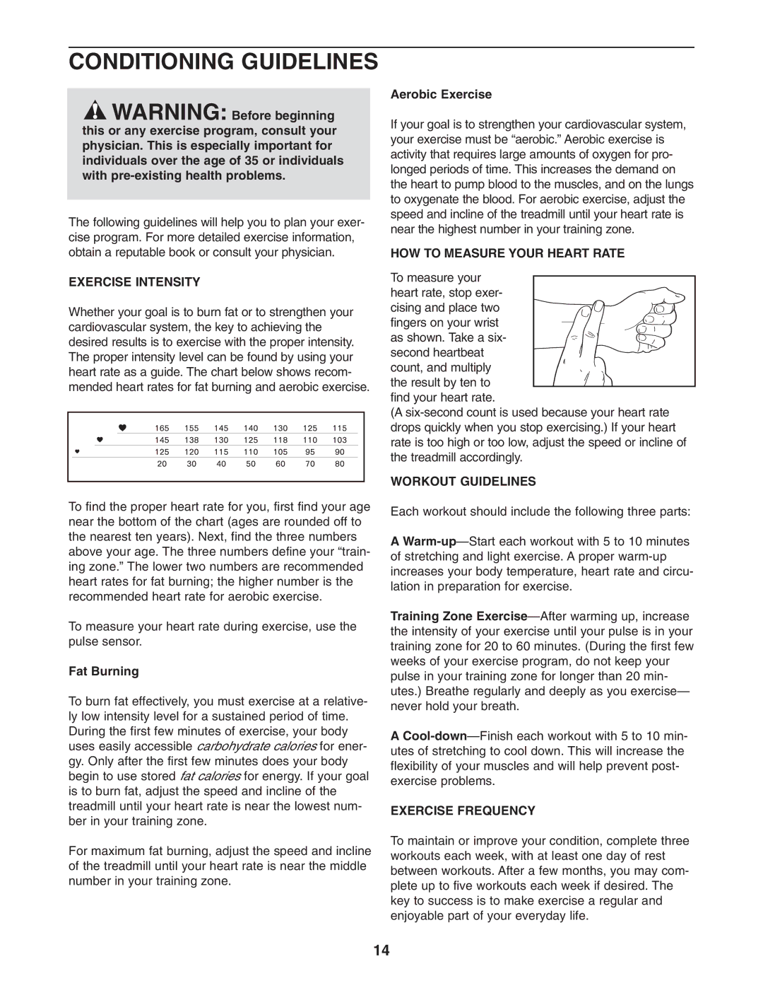 Weslo WLTL211041 Conditioning Guidelines, Exercise Intensity, HOW to Measure Your Heart Rate, Workout Guidelines 