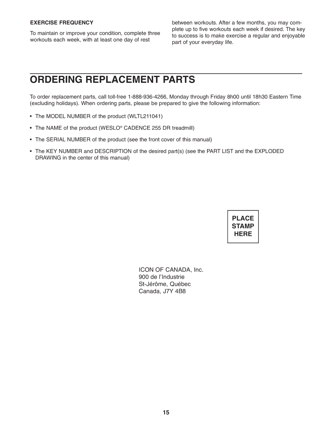 Weslo WLTL211041 user manual Ordering Replacement Parts 