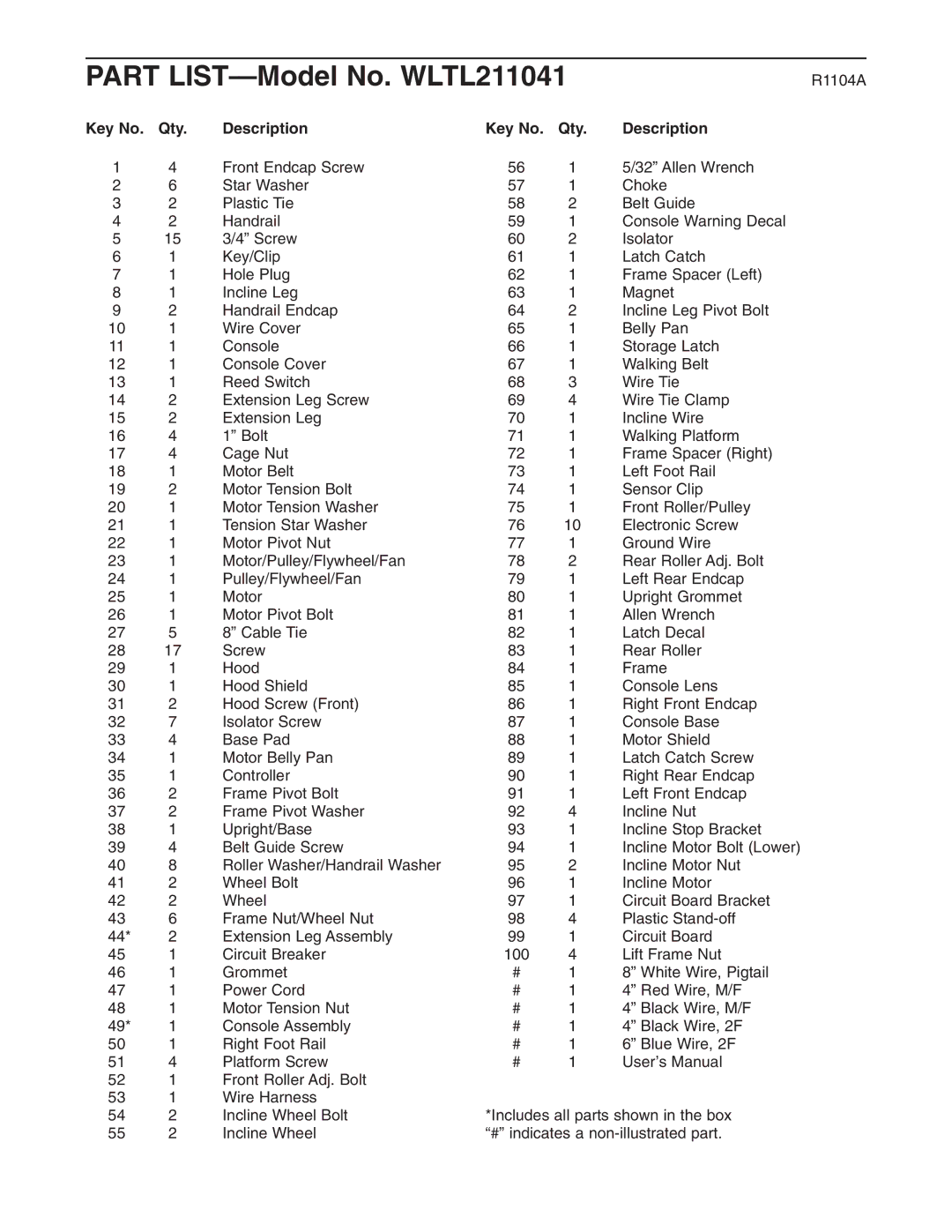 Weslo user manual Part LIST-Model No. WLTL211041, Qty Description 