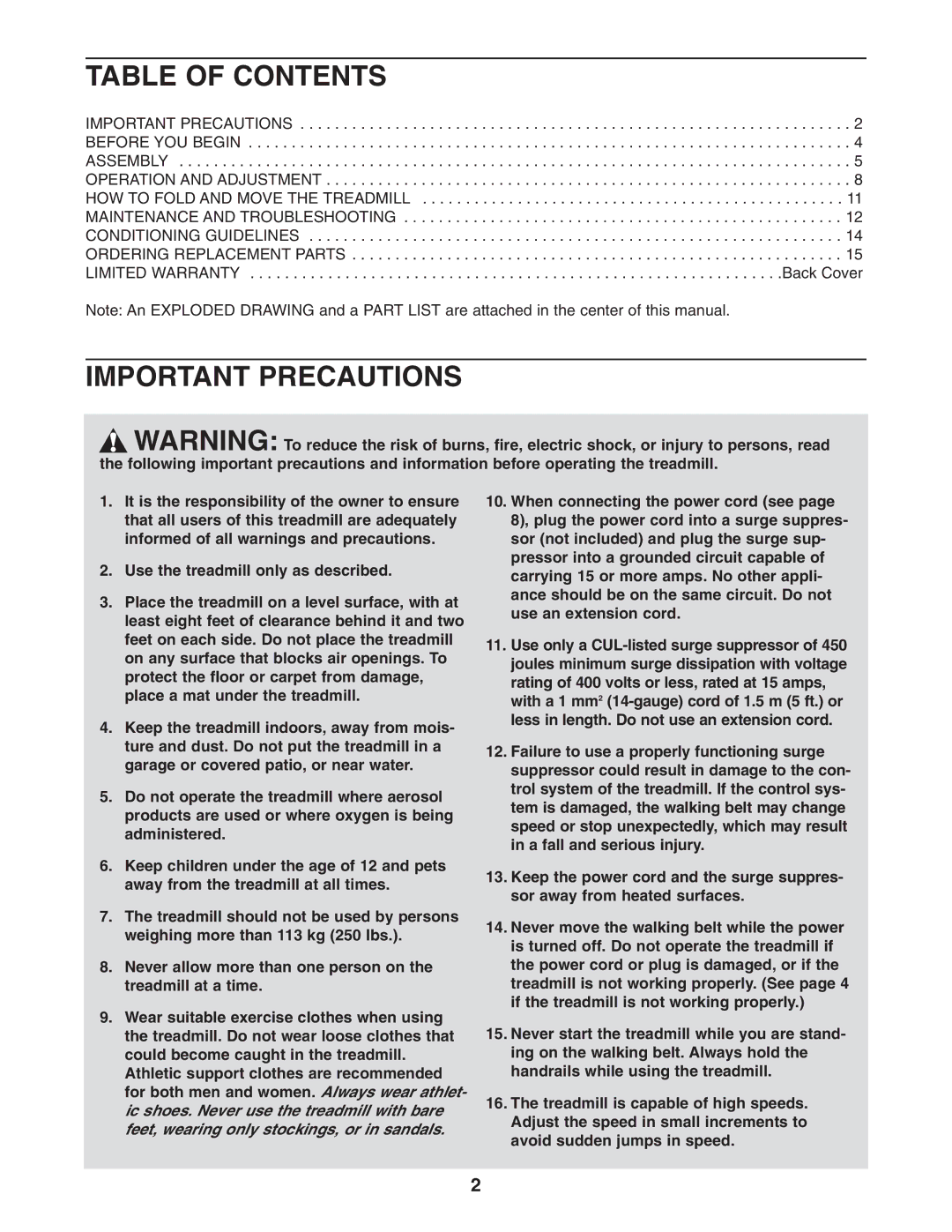 Weslo WLTL211041 user manual Table of Contents, Important Precautions 