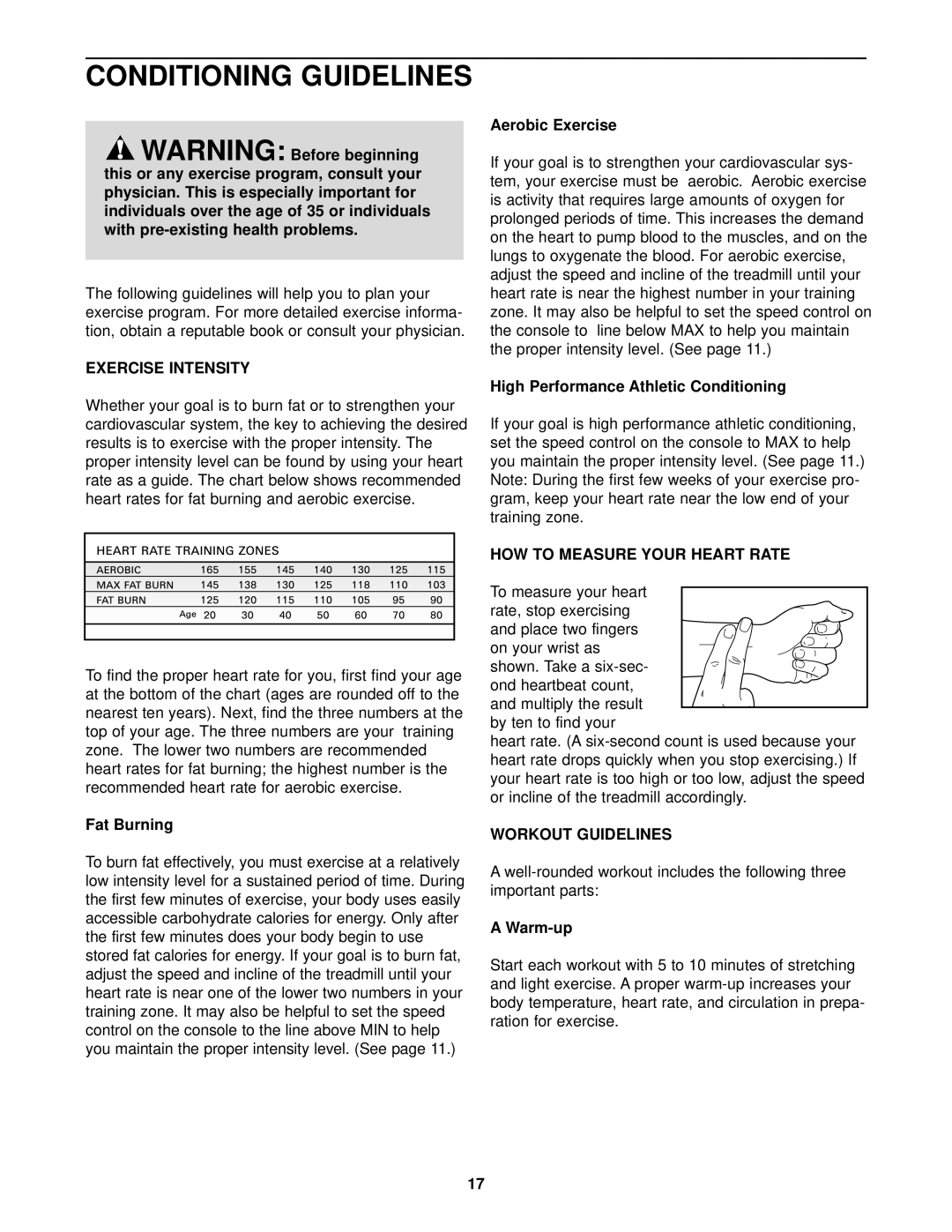 Weslo WLTL21130 user manual Conditioning Guidelines, Exercise Intensity, HOW to Measure Your Heart Rate, Workout Guidelines 