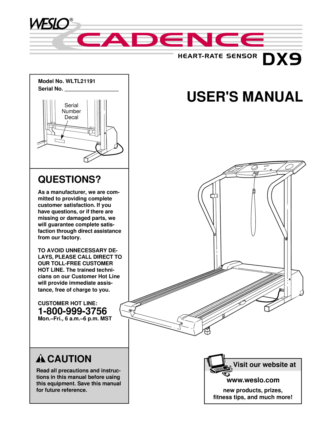 Weslo user manual Questions?, Model No. WLTL21191 Serial No, Customer HOT Line 