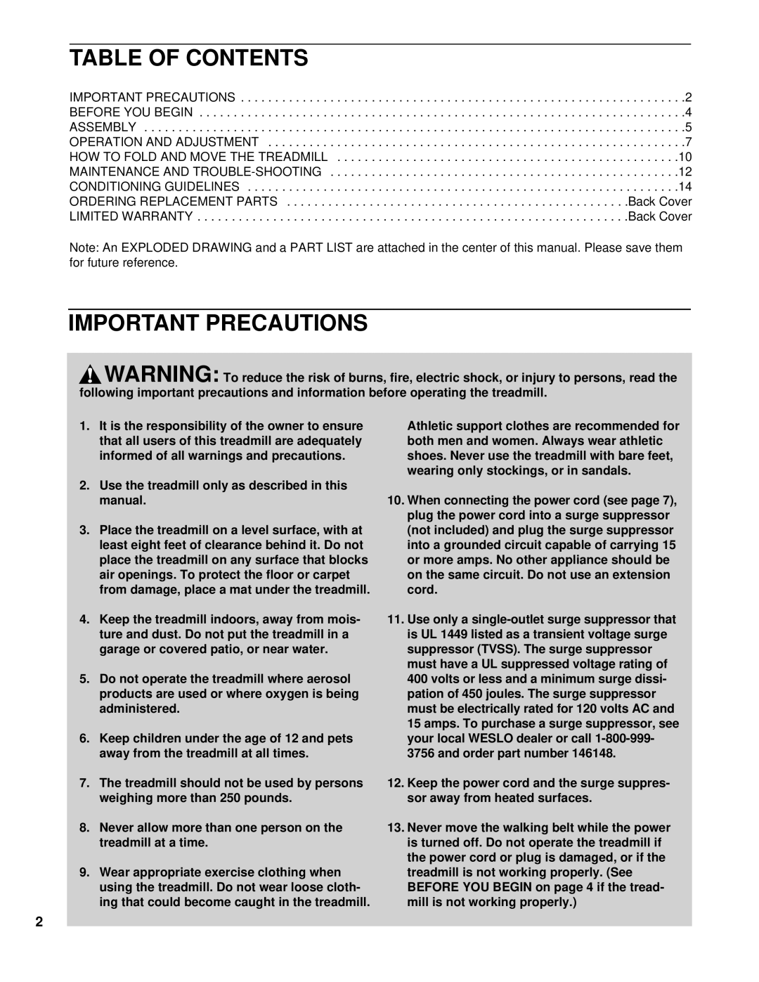 Weslo WLTL21191 user manual Table of Contents, Important Precautions 