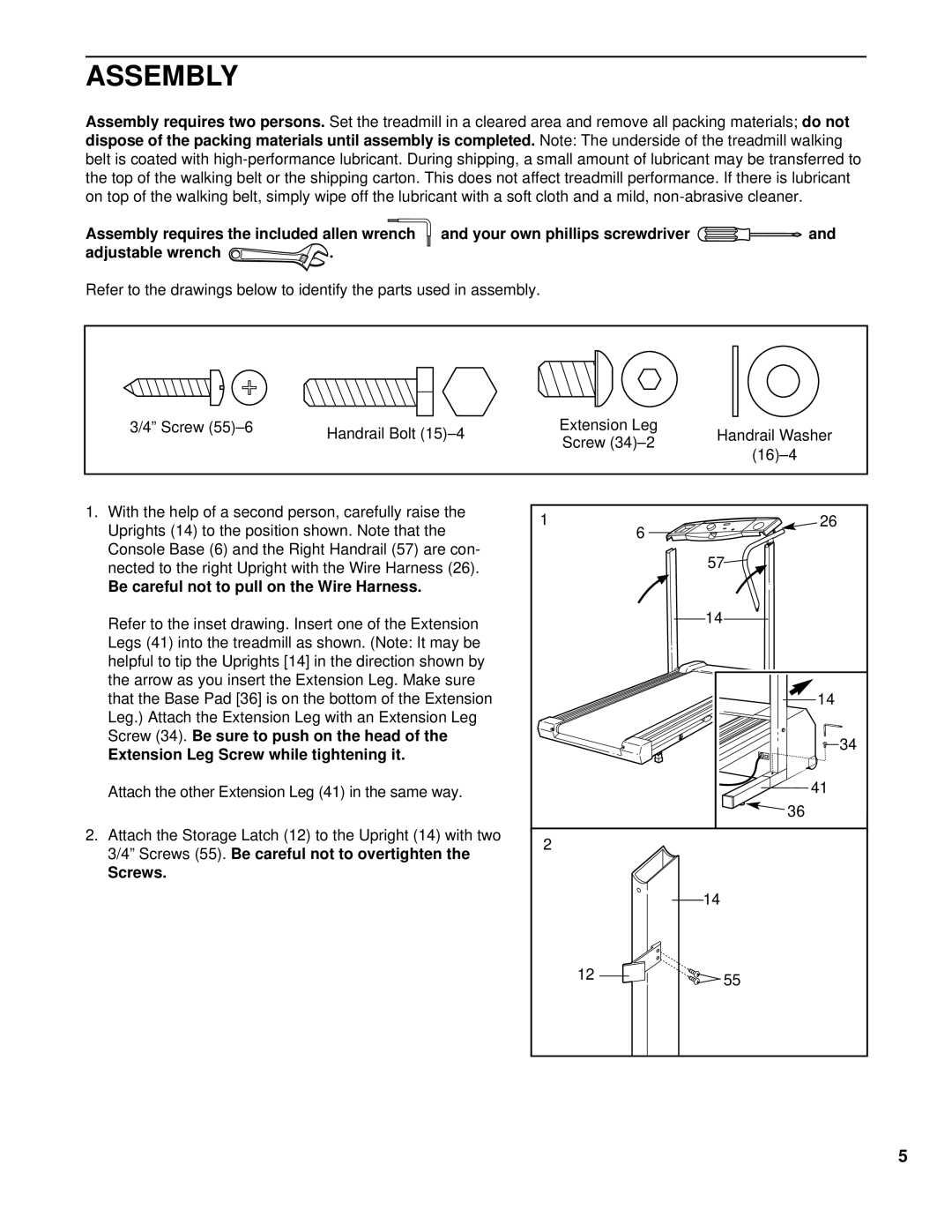 Weslo WLTL21191 Assembly, Be careful not to pull on the Wire Harness, Extension Leg Screw while tightening it, Screws 