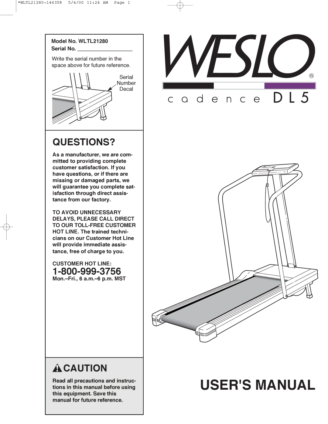 Weslo user manual Questions?, Model No. WLTL21280 Serial No, Customer HOT Line 