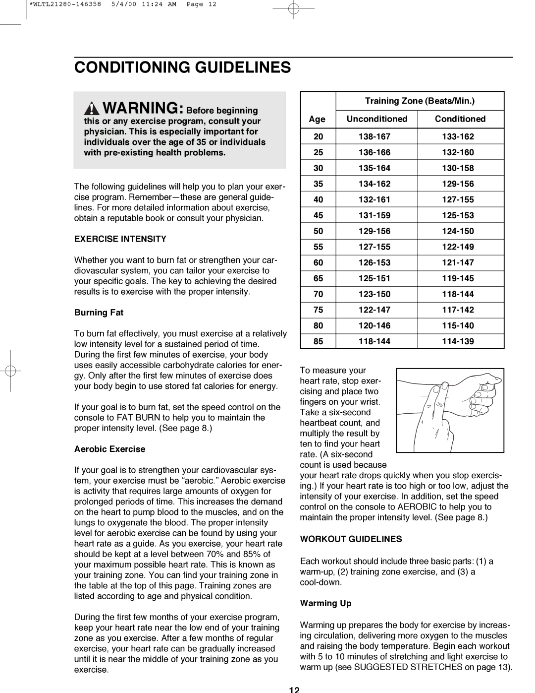 Weslo WLTL21280 user manual Conditioning Guidelines, Exercise Intensity, Workout Guidelines 