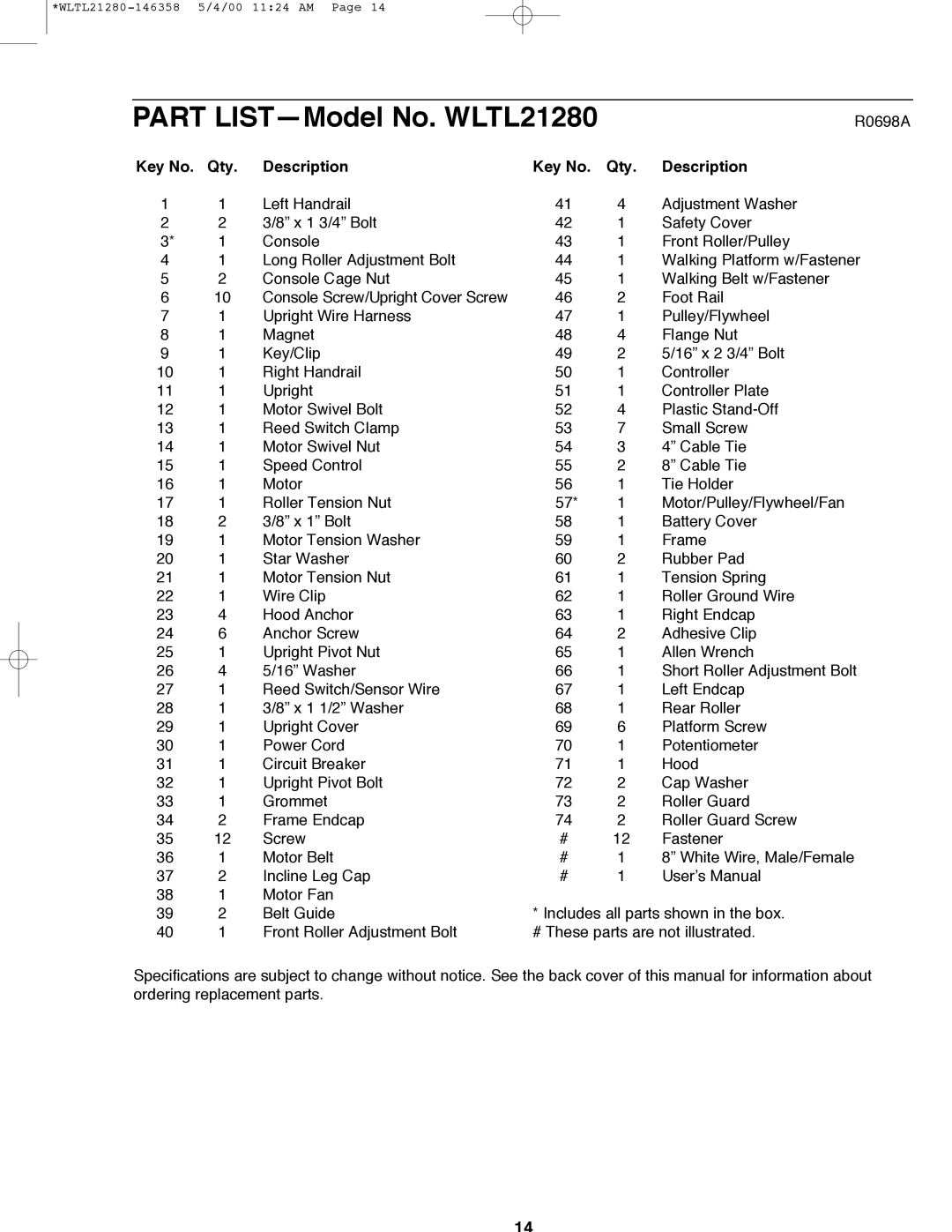 Weslo user manual Part LISTÑModel No. WLTL21280, Qty Description 