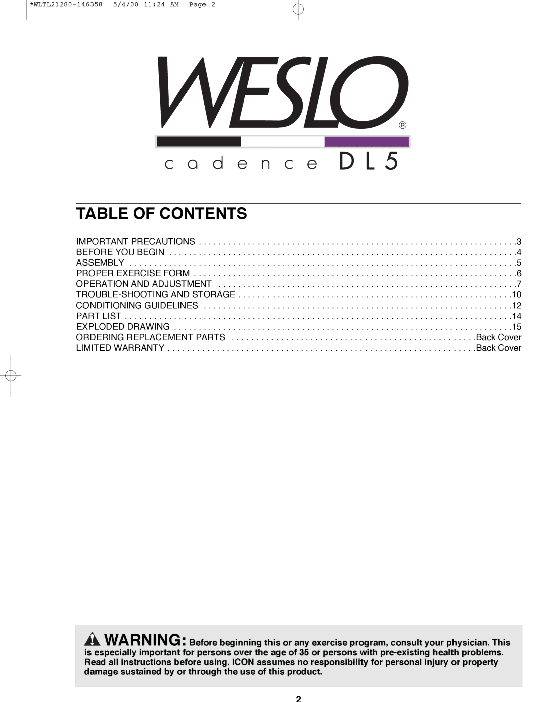 Weslo WLTL21280 user manual Table of Contents 