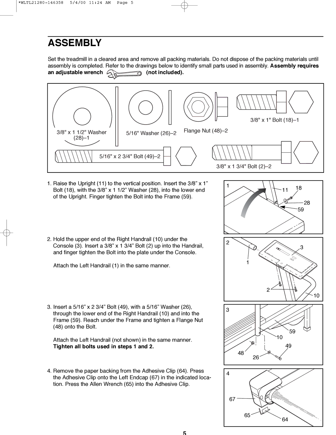 Weslo WLTL21280 user manual Assembly, An adjustable wrench not included, Tighten all bolts used in steps 1 