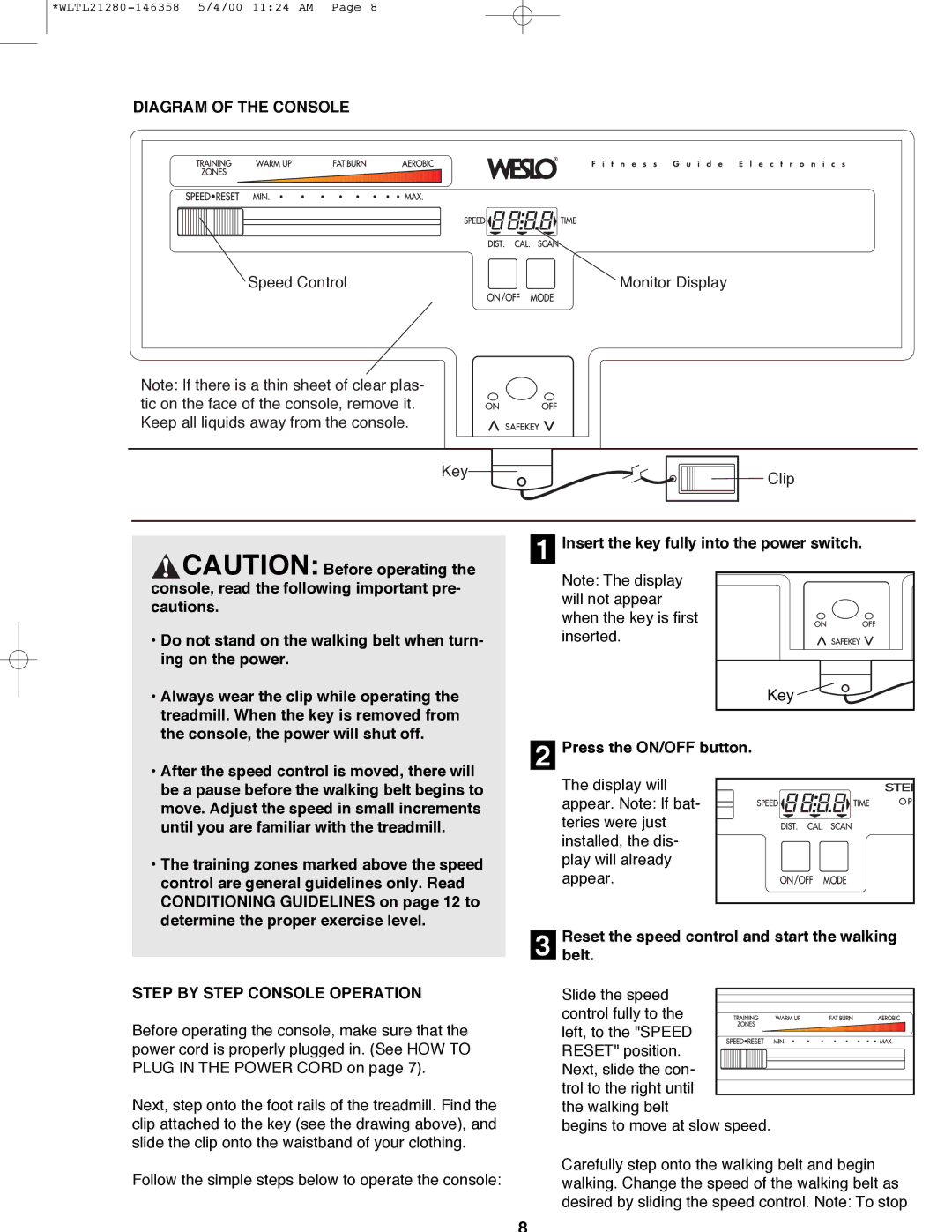 Weslo WLTL21280 user manual Diagram of the Console, Step by Step Console Operation 