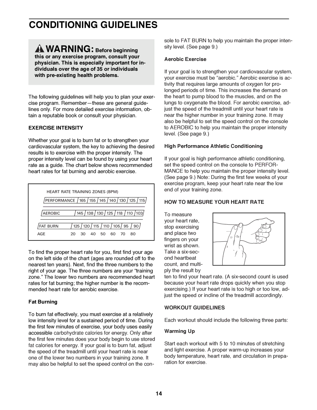 Weslo WLTL22190 user manual Conditioning Guidelines, Exercise Intensity, HOW to Measure Your Heart Rate, Workout Guidelines 