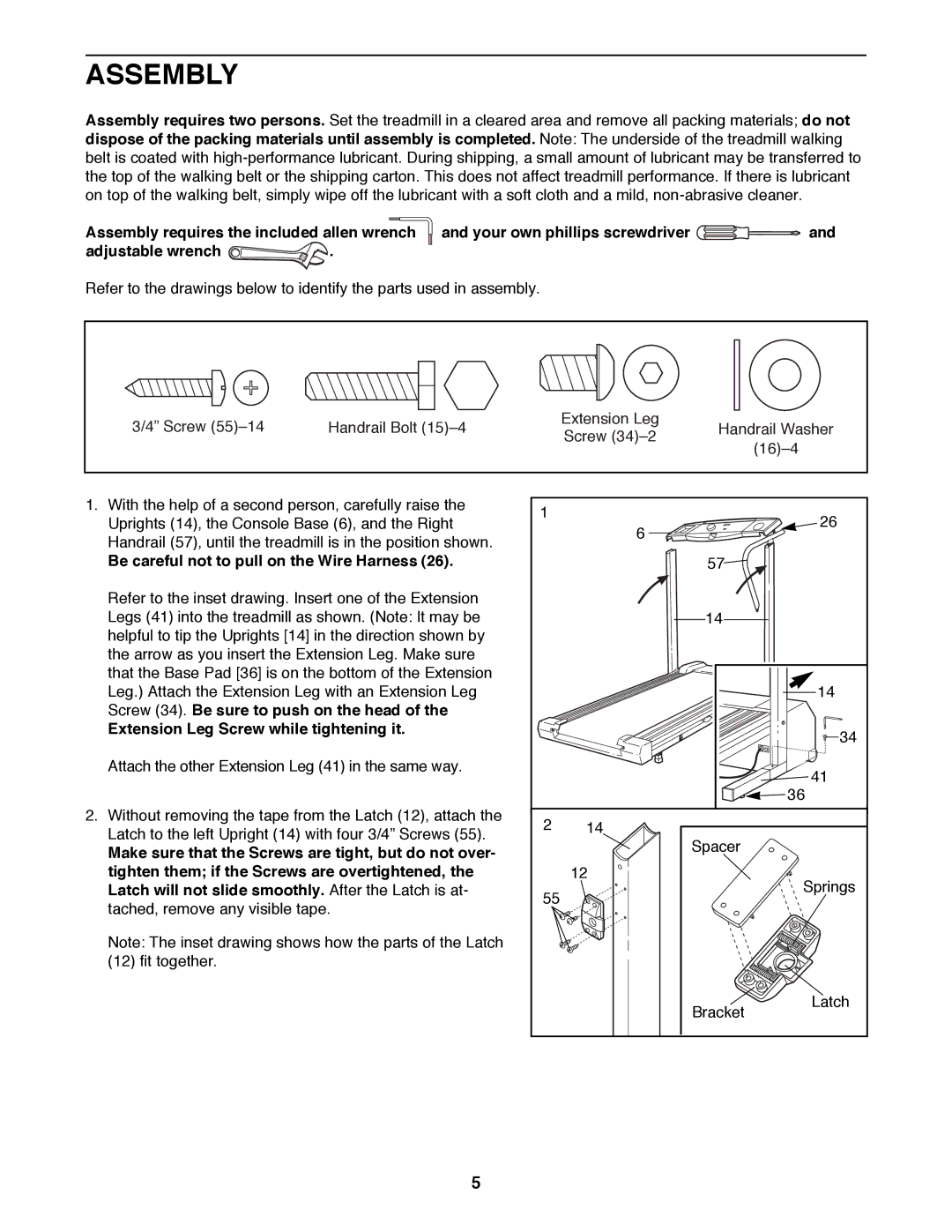 Weslo WLTL22191 Assembly, Be careful not to pull on the Wire Harness, Latch will not slide smoothly. After the Latch is at 