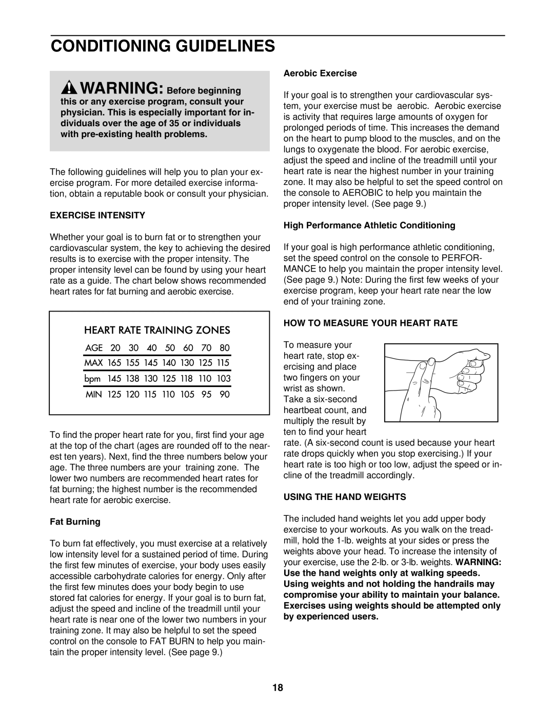 Weslo WLTL223040 Conditioning Guidelines, Exercise Intensity, HOW to Measure Your Heart Rate, Using the Hand Weights 