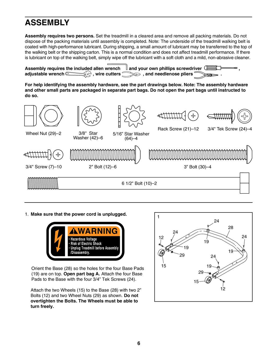 Weslo WLTL223040 user manual Assembly, Make sure that the power cord is unplugged 