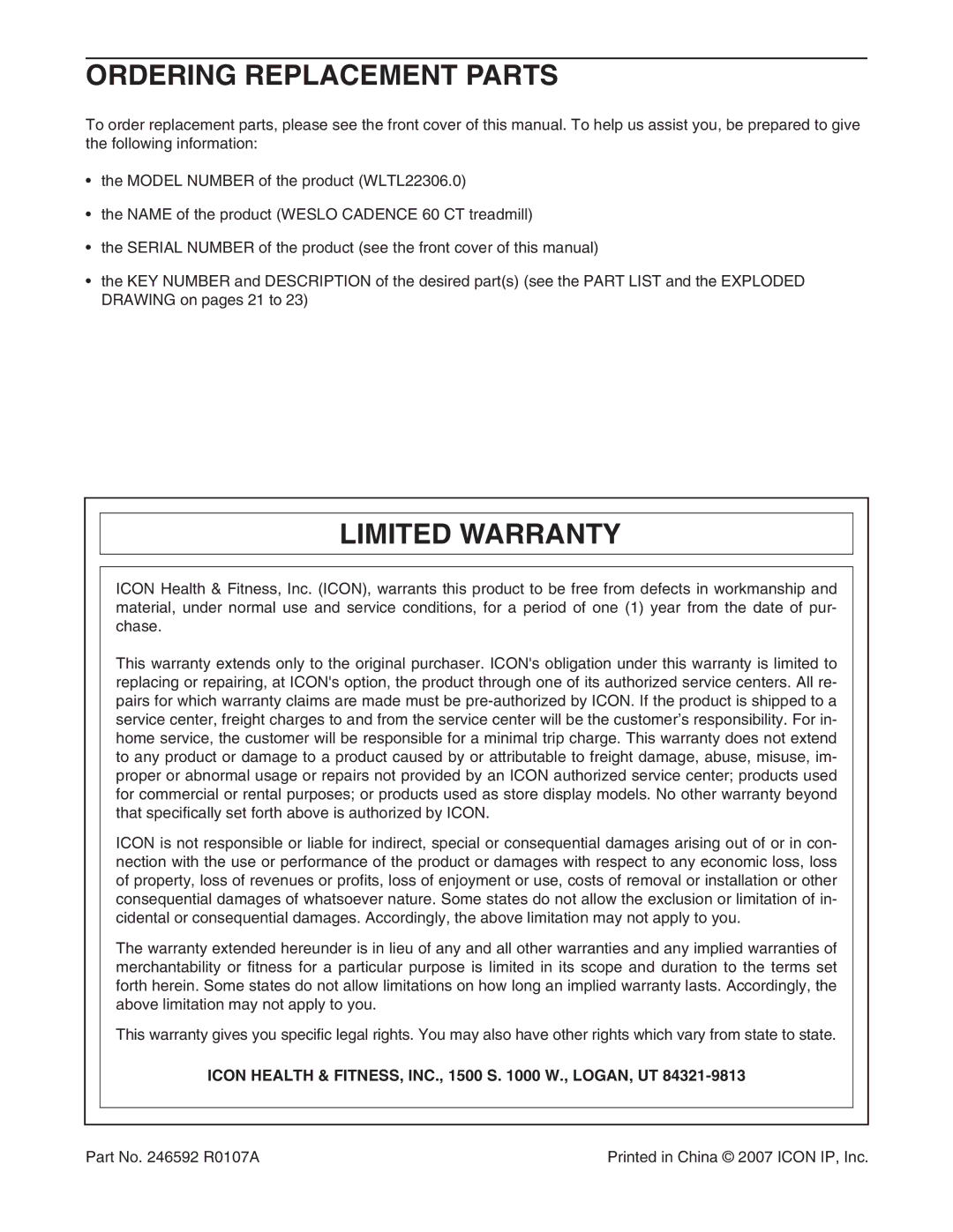 Weslo WLTL22306.0 Ordering Replacement Parts, Limited Warranty, Icon Health & FITNESS, INC., 1500 S W., LOGAN, UT 