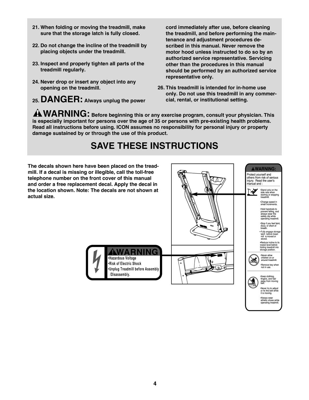 Weslo WLTL22306.0 user manual Unplug Treadmill before Assembly /Disassembly 