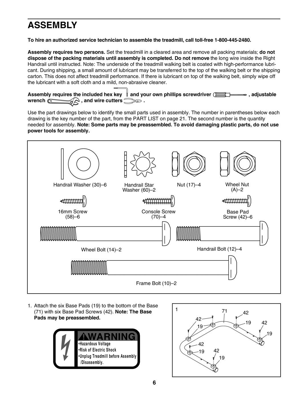 Weslo WLTL22306.0 user manual Assembly requires the included hex key, Wrench Wire cutters, Pads may be preassembled 