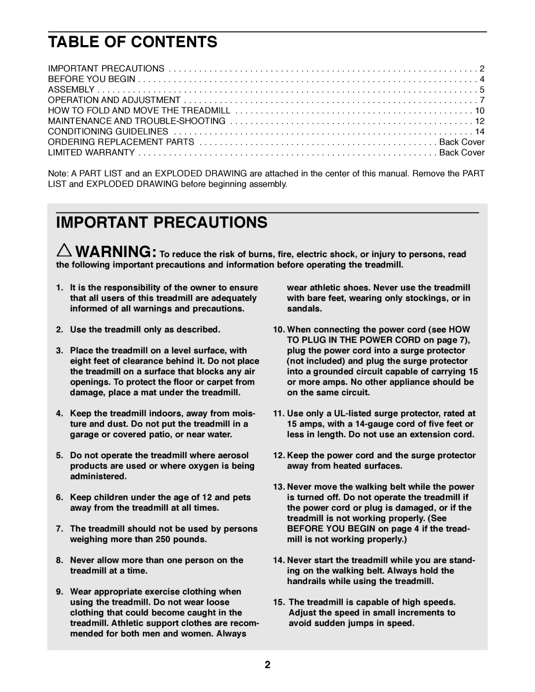 Weslo WLTL24090 user manual Table of Contents, Important Precautions 