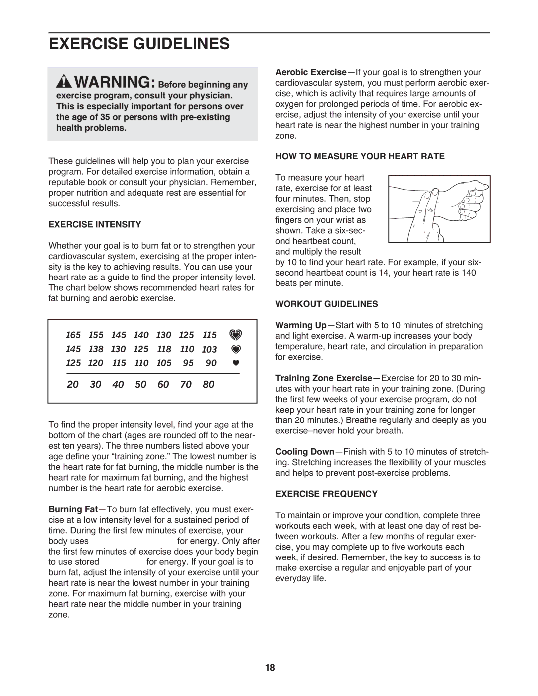 Weslo WLTL24308.0 user manual Exercise Guidelines, Exercise Intensity, HOW to Measure Your Heart Rate, Workout Guidelines 