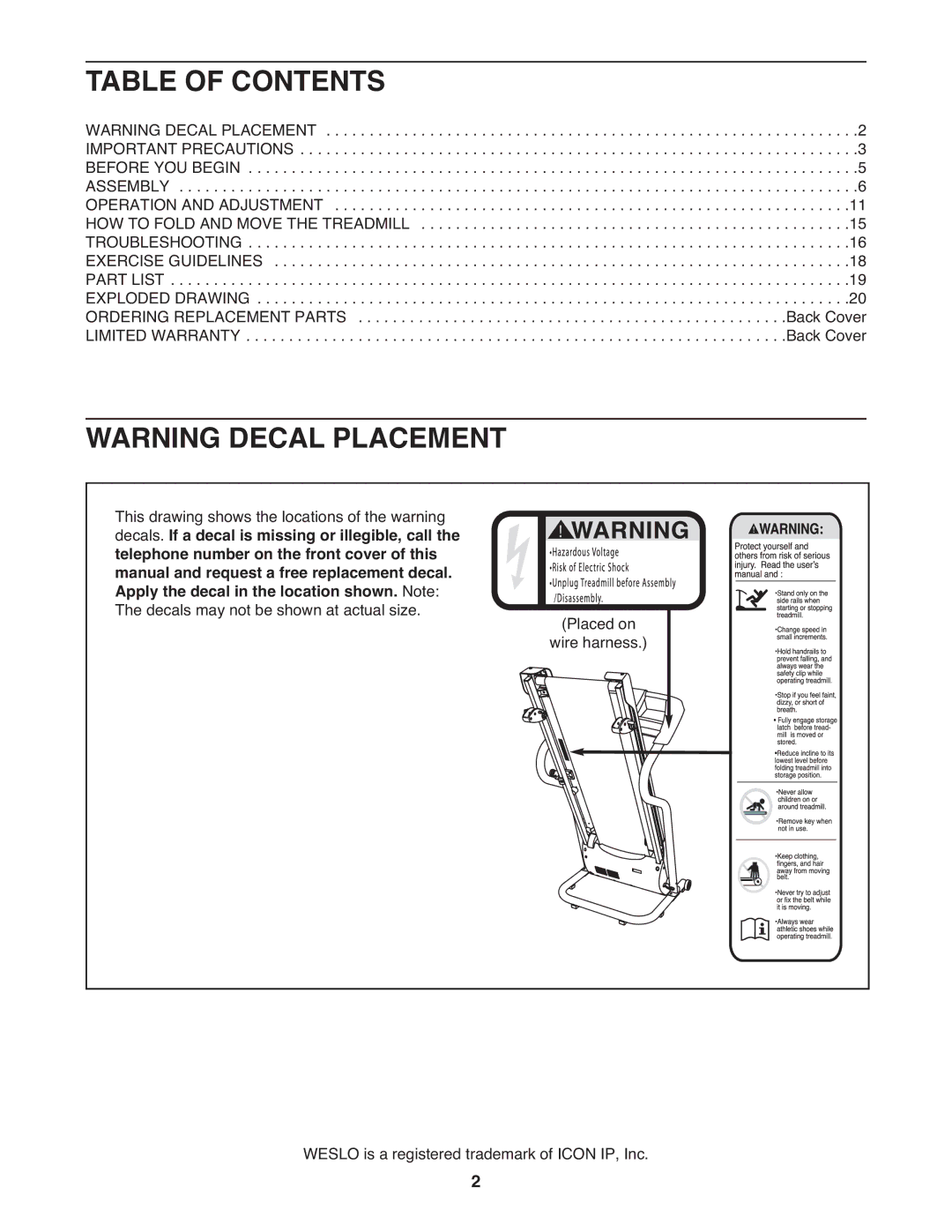 Weslo WLTL24308.0 user manual Table of Contents 