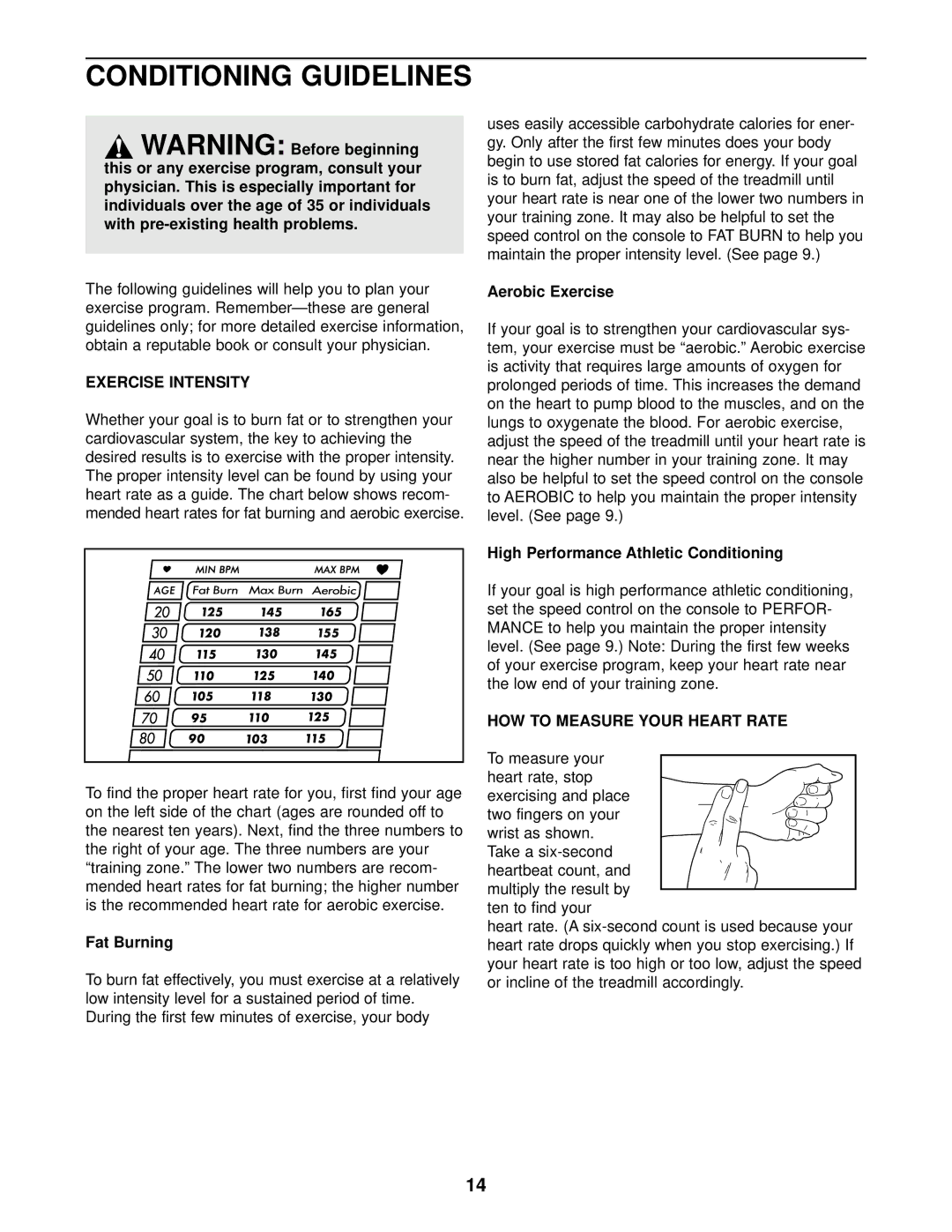 Weslo WLTL25010 user manual Conditioning Guidelines, Exercise Intensity, HOW to Measure Your Heart Rate 