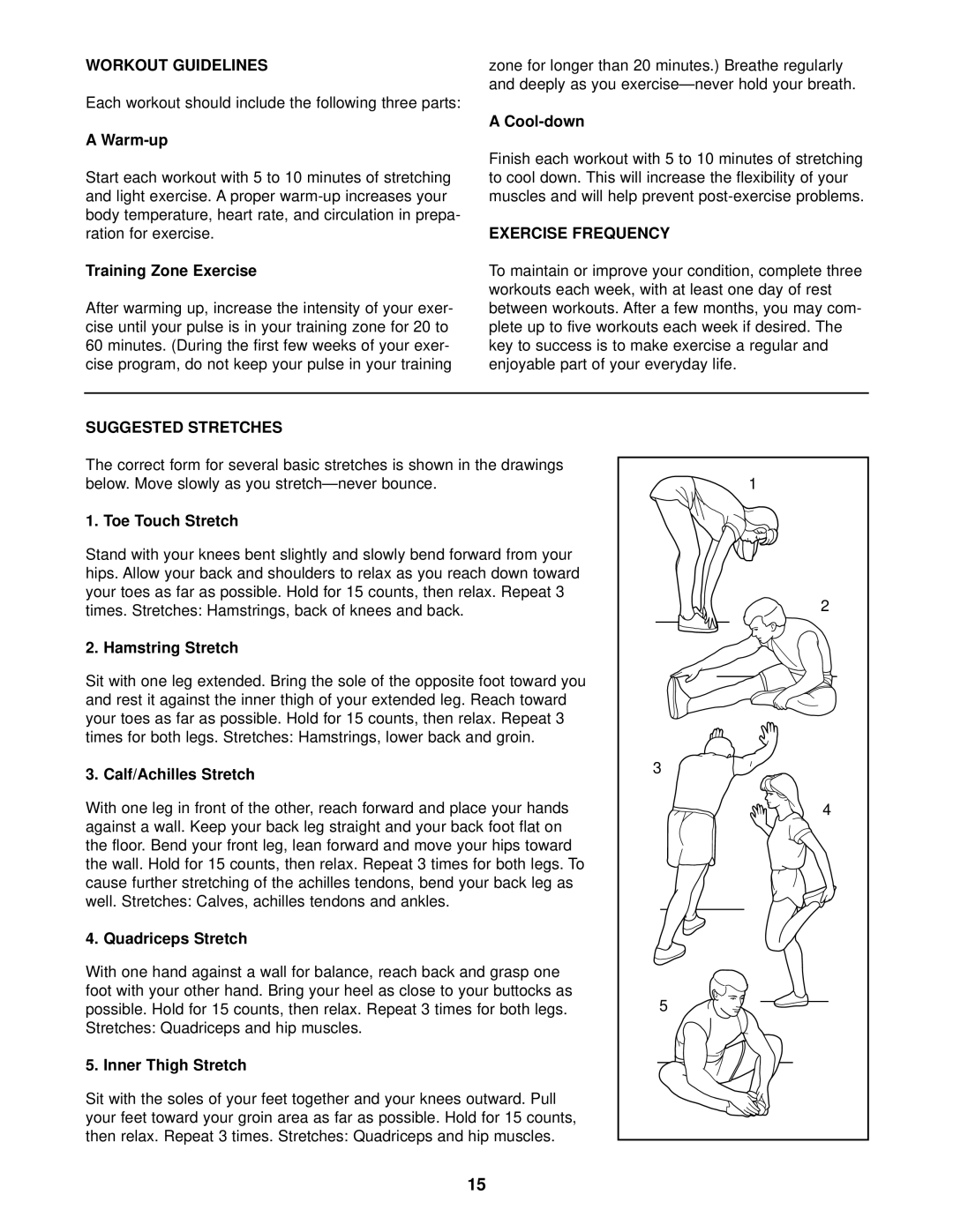 Weslo WLTL25010 user manual Workout Guidelines, Exercise Frequency, Suggested Stretches 