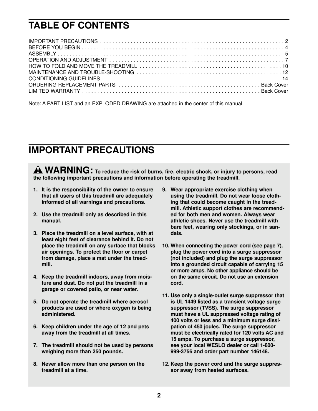 Weslo WLTL25010 user manual Table of Contents, Important Precautions 