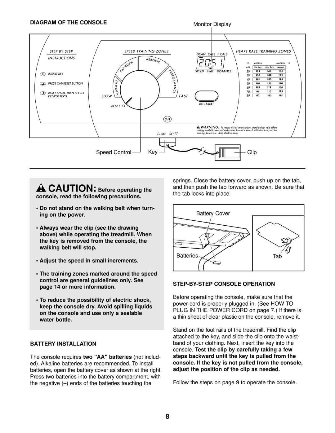 Weslo WLTL25010 user manual Diagram of the Console, Monitor Display, Battery Installation, STEP-BY-STEP Console Operation 