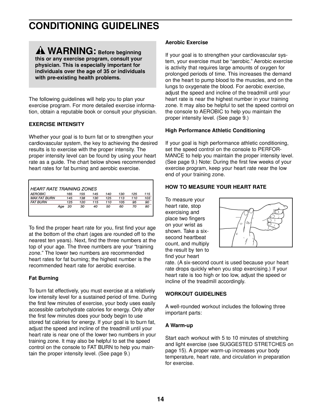 Weslo WLTL25320 user manual Conditioning Guidelines, Exercise Intensity, HOW to Measure Your Heart Rate, Workout Guidelines 