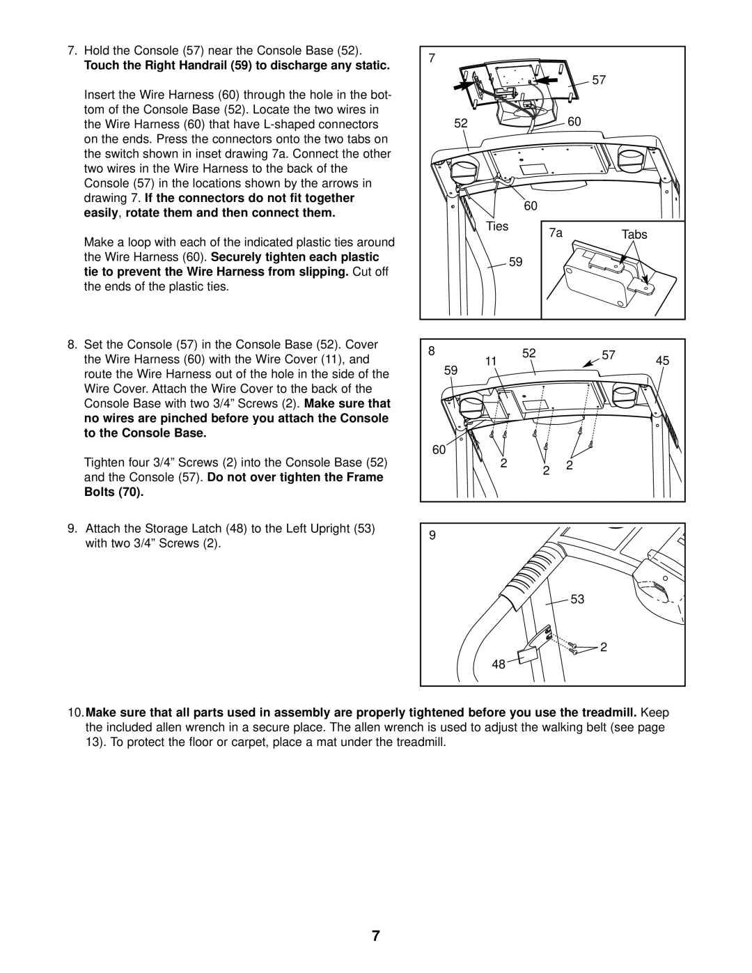 Weslo WLTL25320 user manual Touch the Right Handrail 59 to discharge any static, Bolts 