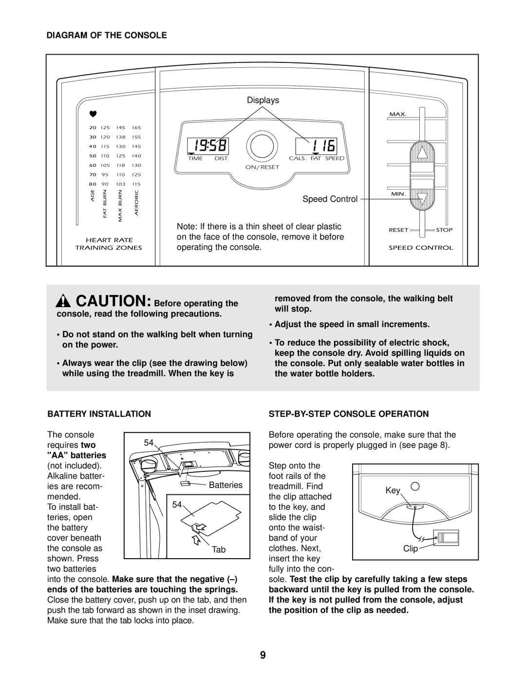 Weslo WLTL25320 user manual Diagram of the Console, Battery Installation, AA batteries, STEP-BY-STEP Console Operation 