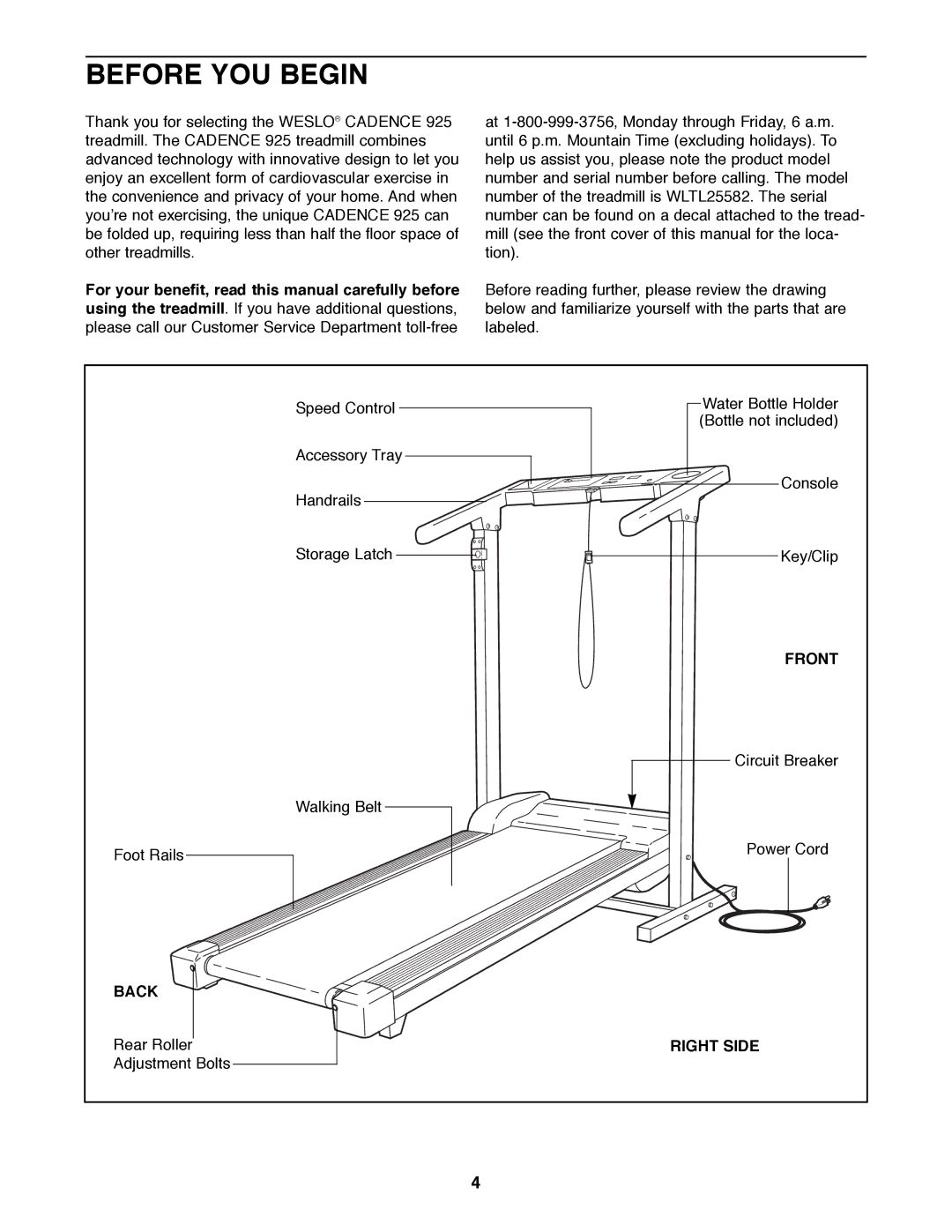 Weslo WLTL25582 user manual Before YOU Begin, Front, Back, Right Side 