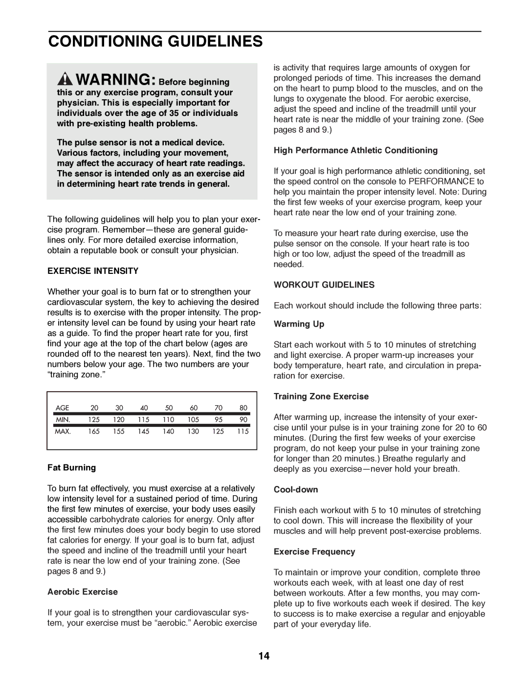 Weslo WLTL26080 user manual Conditioning Guidelines, Exercise Intensity, Workout Guidelines 