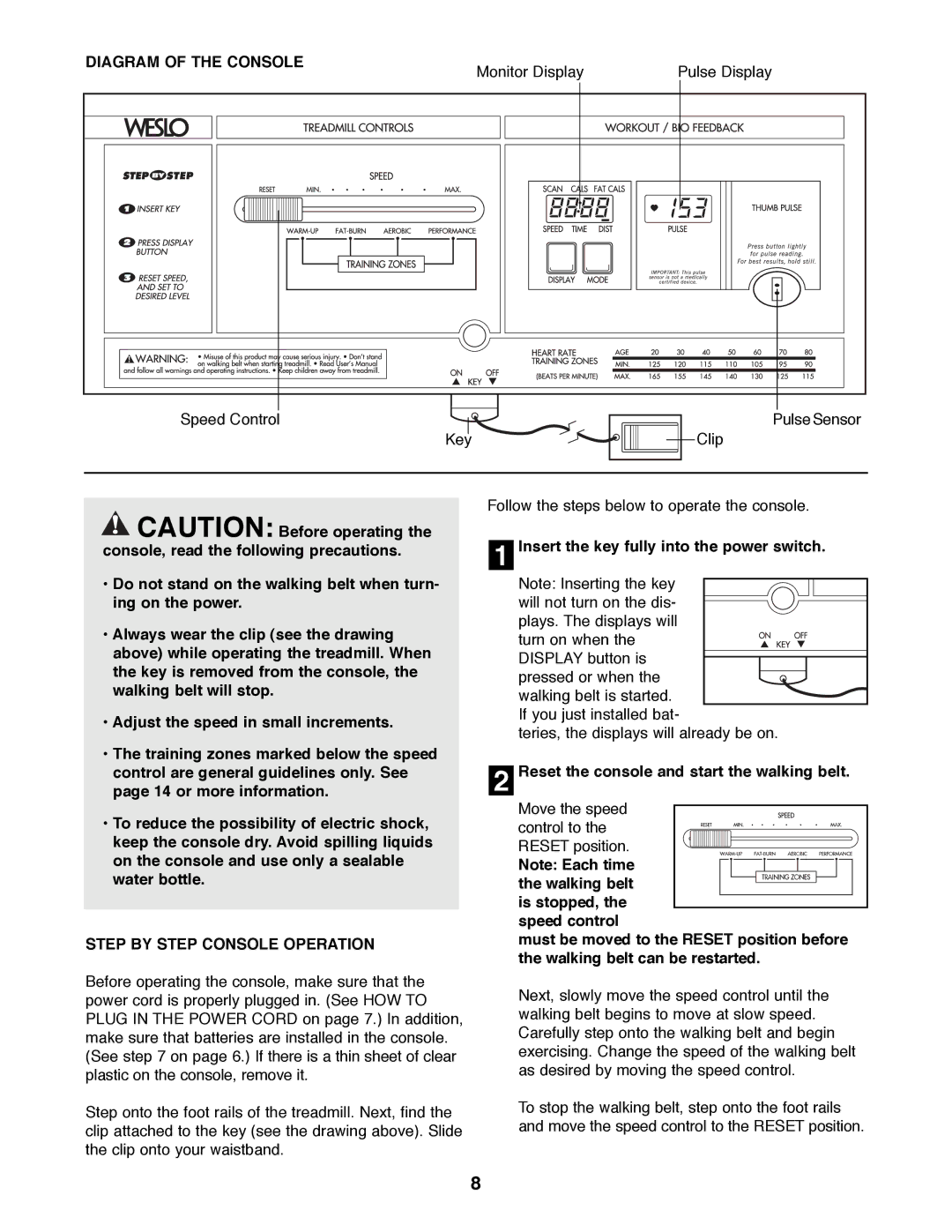 Weslo WLTL26080 Diagram of the Console, Step by Step Console Operation, Insert the key fully into the power switch 