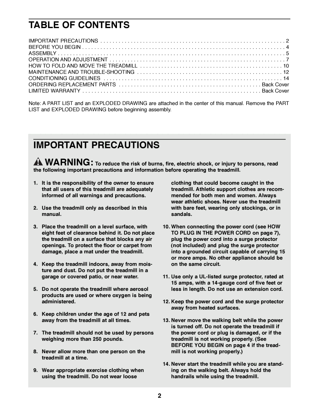 Weslo WLTL27081 user manual Table of Contents, Important Precautions 